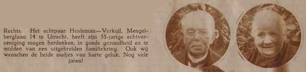 874112 Dubbelportret van het echtpaar Heideman-Verkuil (Mengelberglaan 14) te Utrecht, dat 55 jaar getrouwd is.